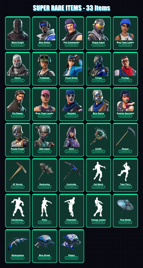 [PC/XBOX] | Black Knight | Blue Striker | Sub Commander | Rogue Agent | Blue Team Leader | 186 skin | 169 pickaxe | 136 emote | 152 glider | Lv2059