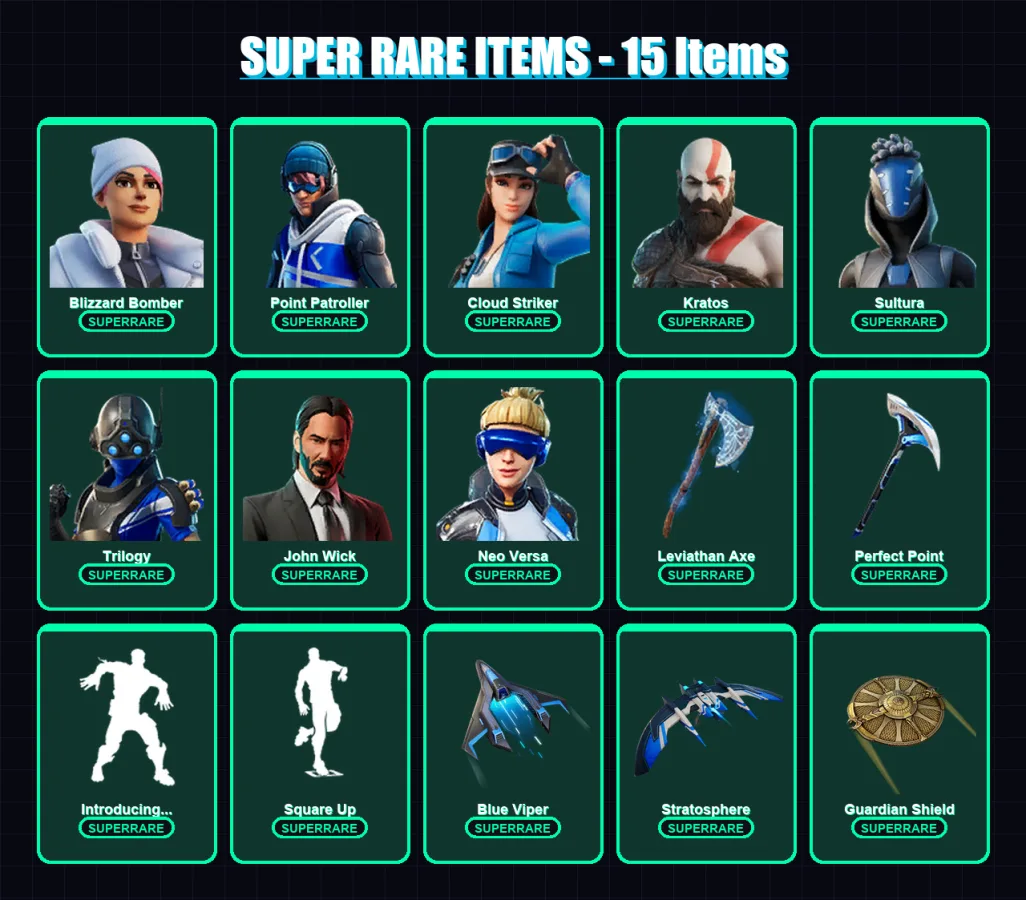 [PS4/PS5/XBOX/PC] | Blizzard Bomber | Point Patroller | Cloud Striker | Kratos | Sultura | 132 skin | 176 pickaxe | 129 emote | 133 glider | Lv1856
