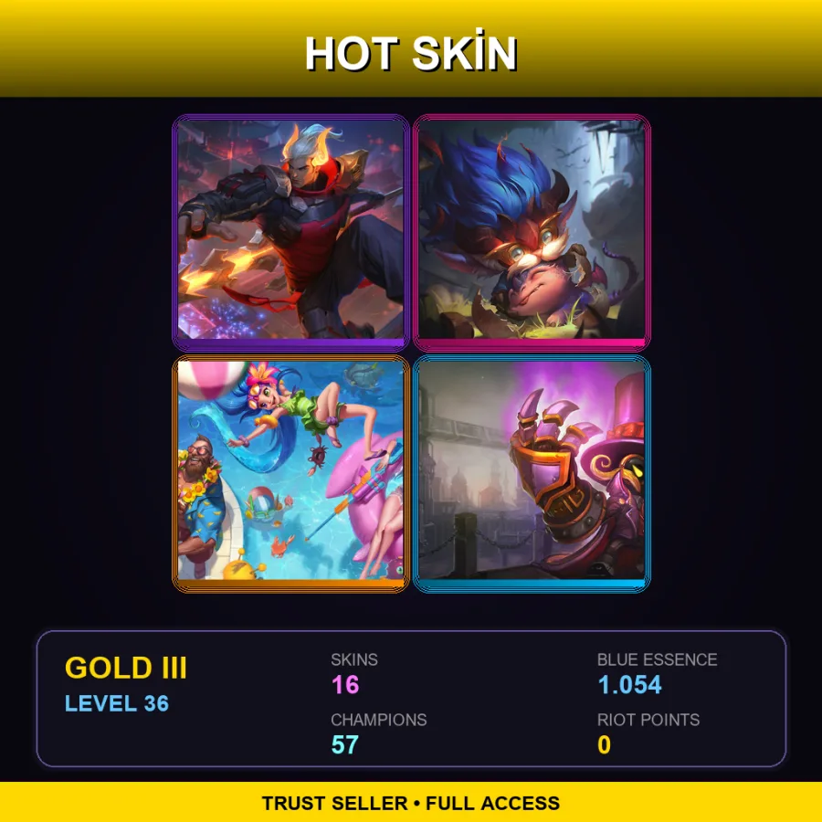 NA | Lunar Beast Jarvan IV | Dragon Trainer Heimerdinger | Pool Party Caitlyn | Superb Villain Veigar | 16 Skin | 57 Champ | Gold III | Lv36