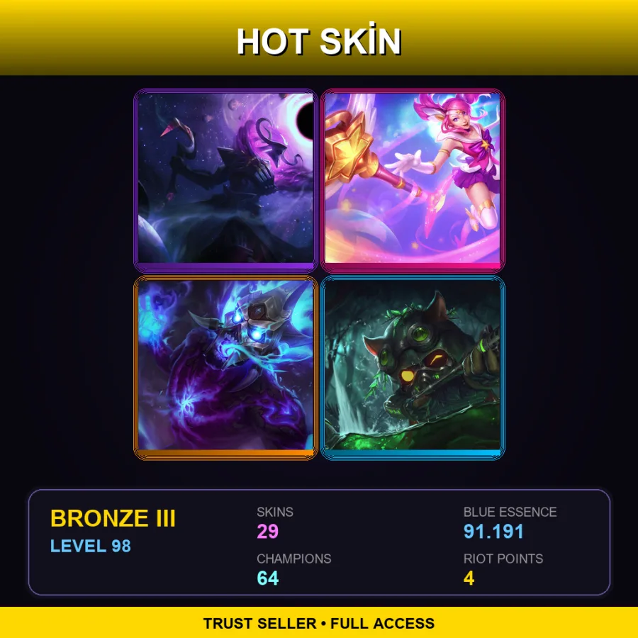 LAN | Dark Star Thresh | Star Guardian Lux | Spirit Fire Brand | Omega Squad Teemo | 29 Skin | 64 Champ | Bronze III | Lv98