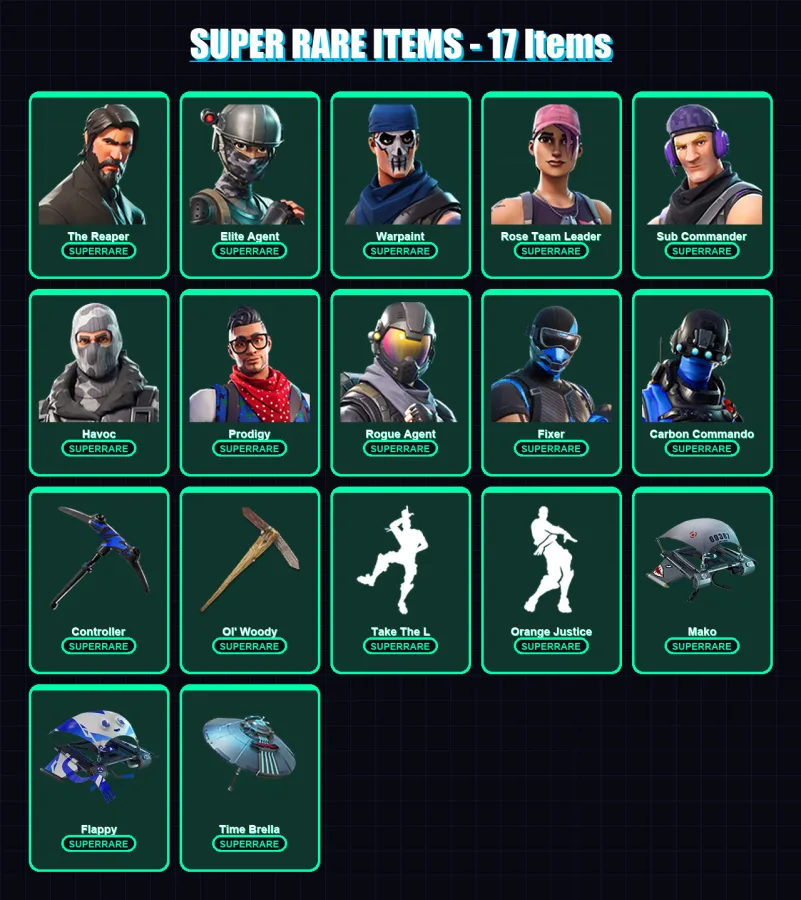 [PS4/PS5/XBOX/PC] | The Reaper | Elite Agent | Warpaint | Rose Team Leader | Sub Commander | 65 skin | 76 pickaxe | 61 emote | 77 glider | Lv1018