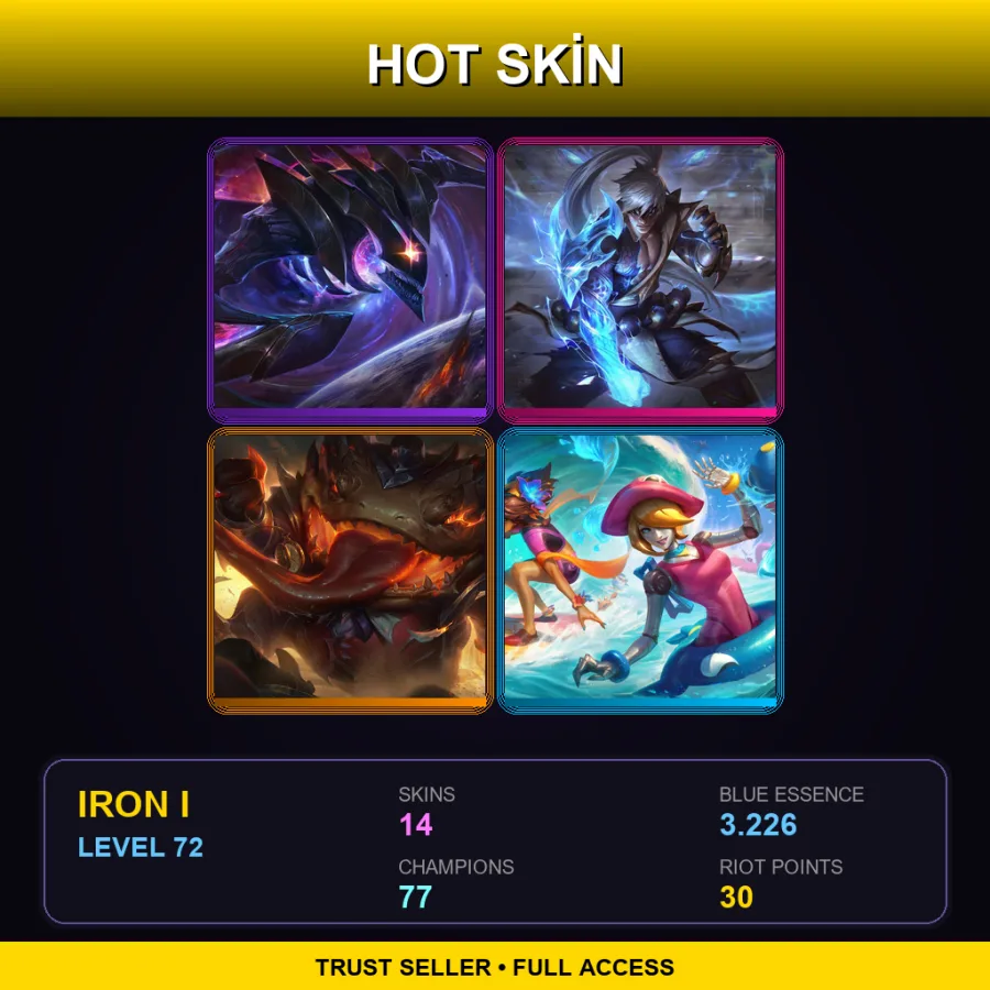 EUNE | Dark Star Kha'Zix | Storm Dragon Lee Sin | High Noon Tahm Kench | Pool Party Orianna | 14 Skin | 77 Champ | Iron I | Lv72