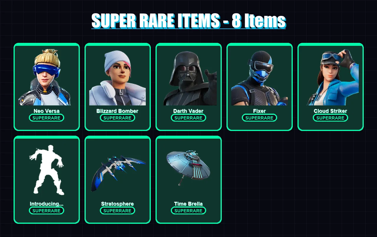 [PS4/PS5/XBOX/PC] | Neo Versa | Blizzard Bomber | Darth Vader | Fixer | Cloud Striker | 116 skin | 131 pickaxe | 130 emote | 122 glider | Lv1990
