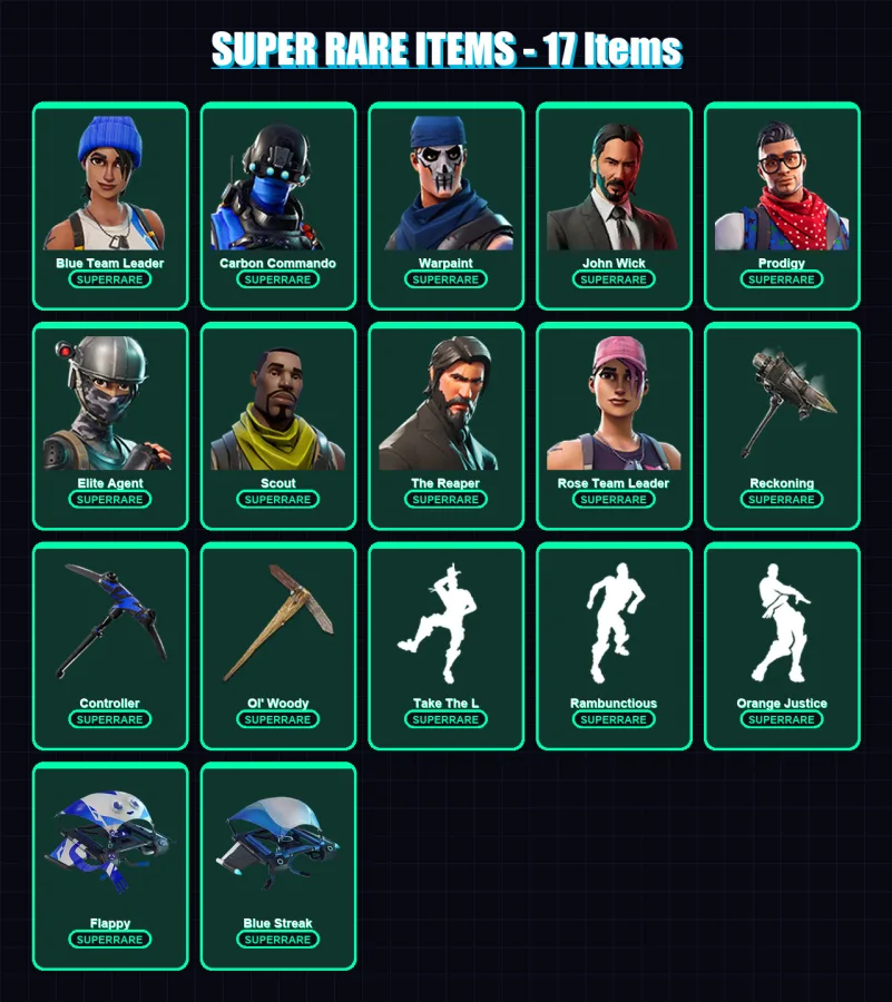 [PS4/PS5/XBOX/PC] | Blue Team Leader | Carbon Commando | Warpaint | John Wick | Prodigy | 68 skin | 59 pickaxe | 69 emote | 62 glider | Lv849