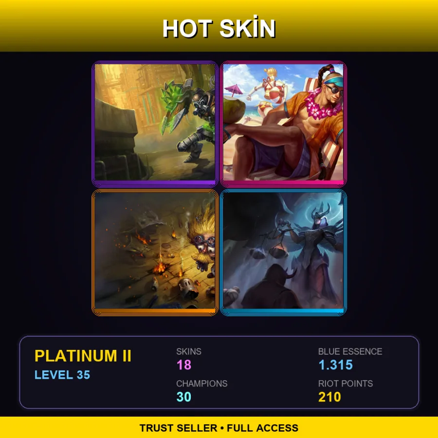 EUW | Hextech Singed | Pool Party Lee Sin | Blast Zone Heimerdinger | Judgment Kayle | 18 Skin | 30 Champ | Platinum II | Lv35