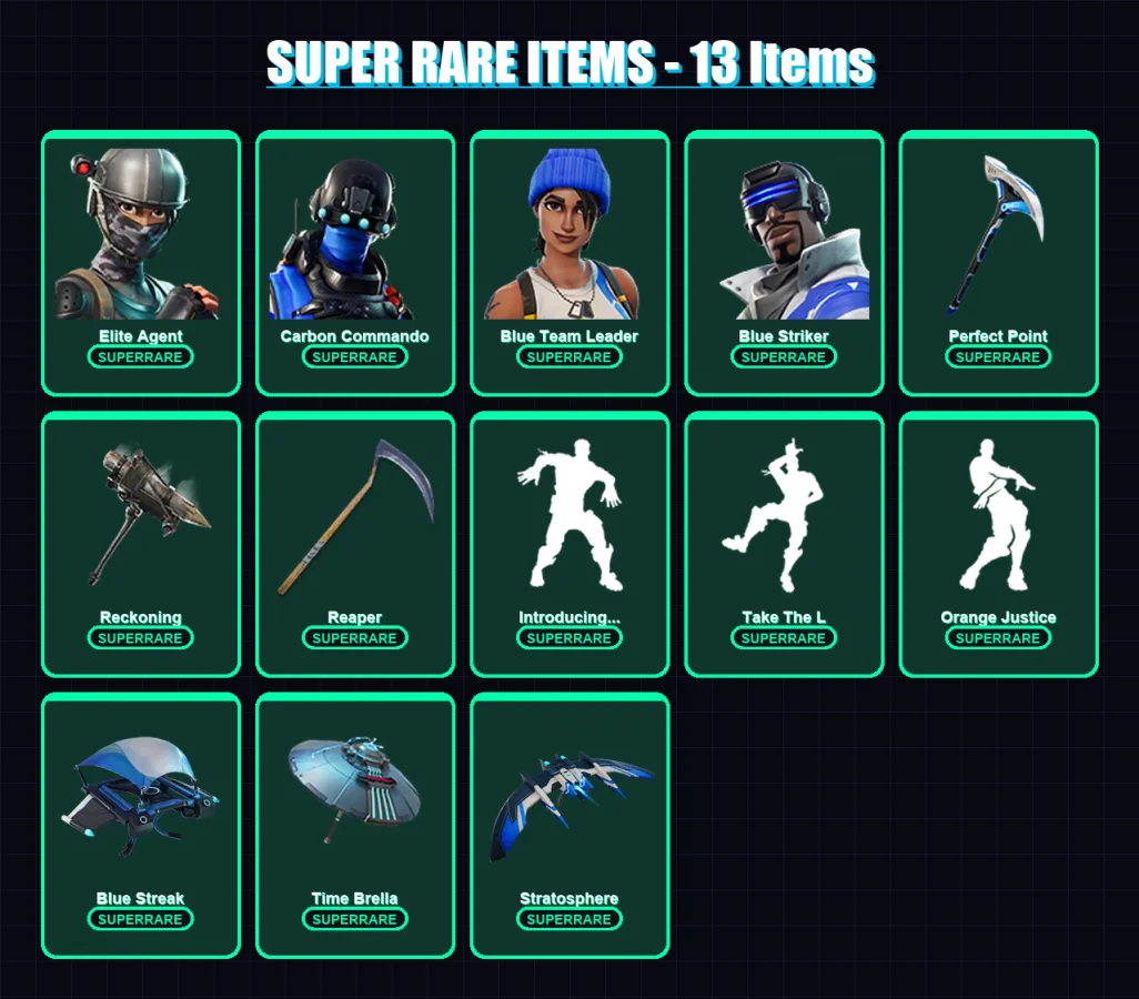 [PS4/PS5/XBOX/PC] | Elite Agent | Carbon Commando | Blue Team Leader | Blue Striker | Carbide | 88 skin | 119 pickaxe | 98 emote | 112 glider | Lv19