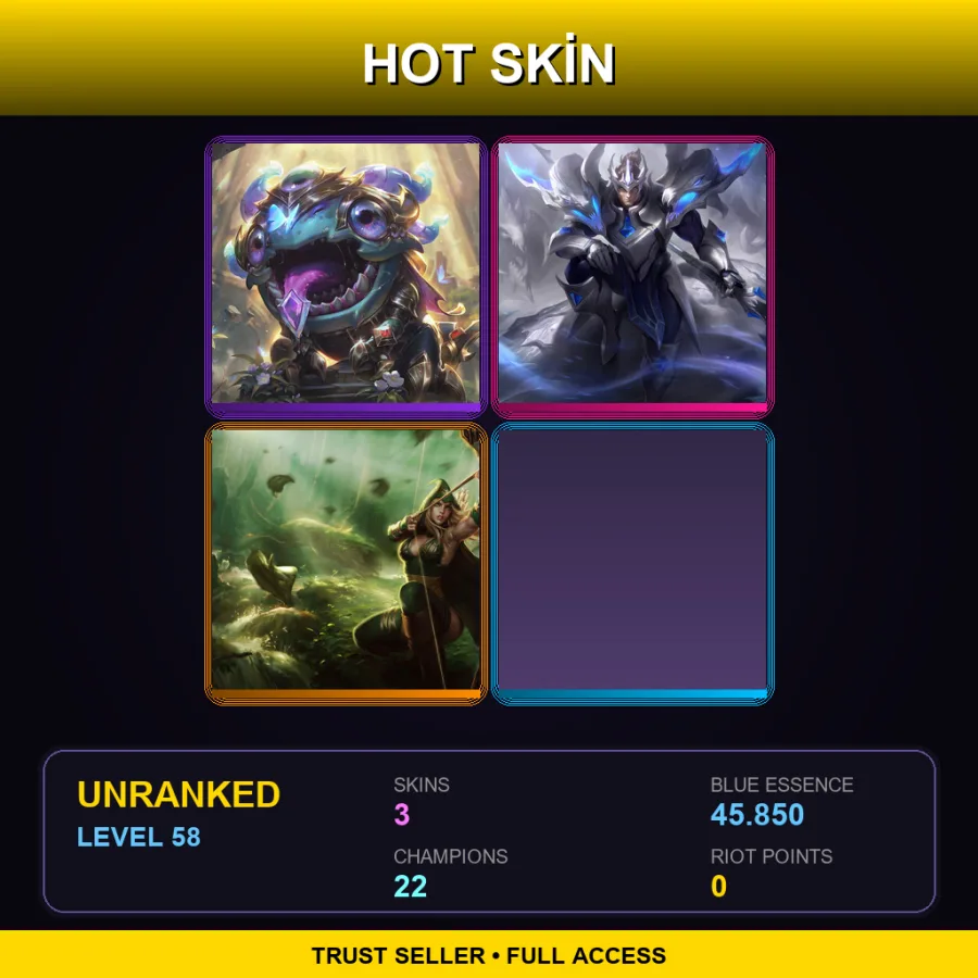 EUW | Lv58 | Unranked | 3 Skin | 22 Champ — LoL account