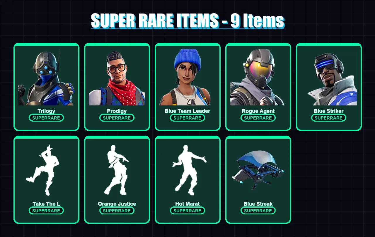 [PS4/PS5/XBOX/PC] | Trilogy | Prodigy | Blue Team Leader | Rogue Agent | Blue Striker | 28 skin | 34 pickaxe | 44 emote | 39 glider | Lv512