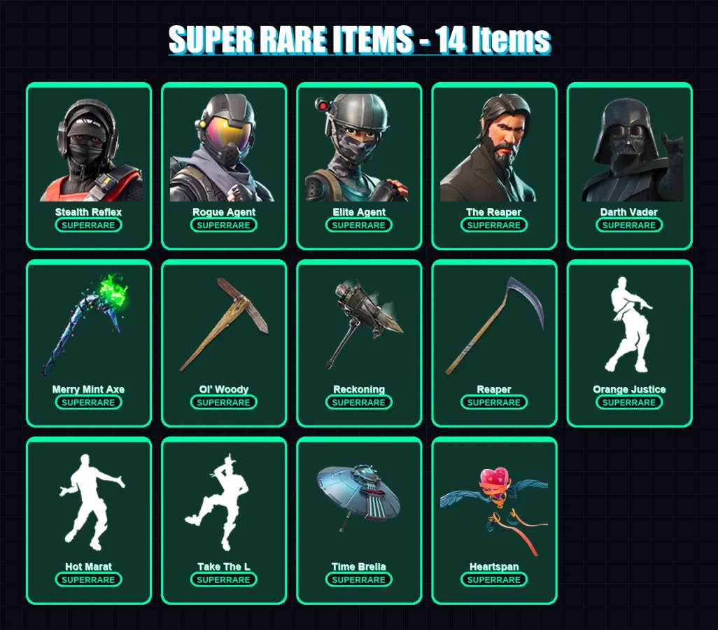 [PC/XBOX] | Stealth Reflex | Rogue Agent | Elite Agent | The Reaper | Darth Vader | 186 skin | 206 pickaxe | 171 emote | 195 glider | Lv3361