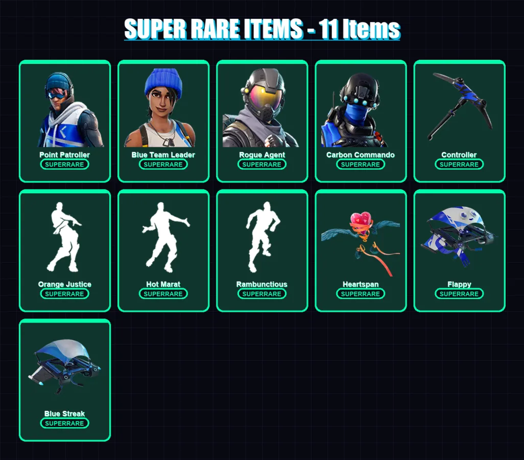 [PS4/PS5/XBOX/PC] | Point Patroller | Blue Team Leader | Rogue Agent | Carbon Commando | Valor | 41 skin | 46 pickaxe | 80 emote | 49 glider | Lv787