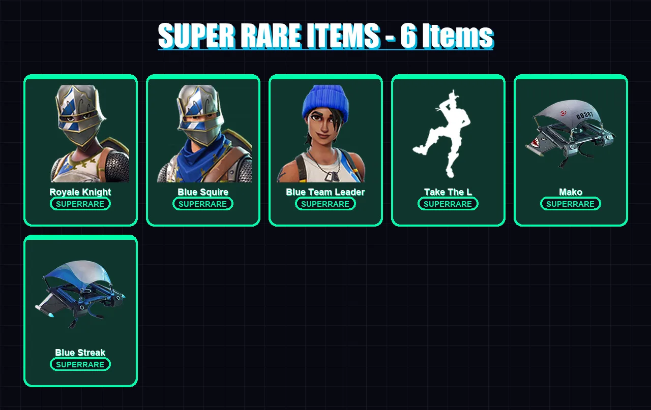 [PC/XBOX] | Royale Knight | Blue Squire | Blue Team Leader | Mission Specialist | Rust Lord | 6 skin | 4 pickaxe | 6 emote | 10 glider | Lv136