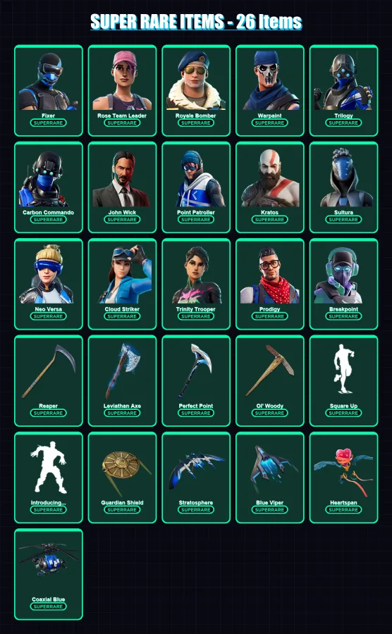 [PC] | Fixer | Rose Team Leader | Royale Bomber | Warpaint | Trilogy | 250 skin | 258 pickaxe | 193 emote | 162 glider | Lv2621