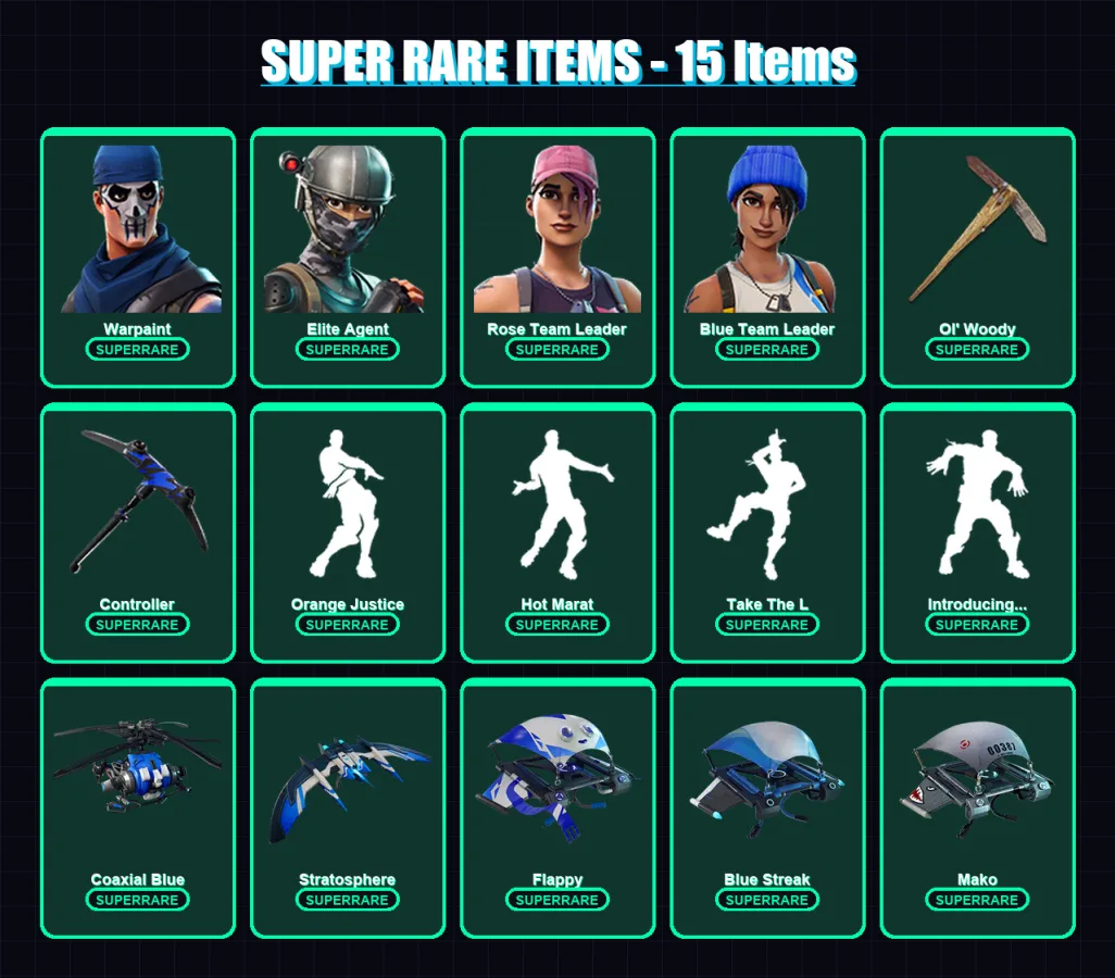 [PS4/PS5/XBOX/PC] | Warpaint | Elite Agent | Rose Team Leader | Blue Team Leader | Kymera | 48 skin | 54 pickaxe | 54 emote | 60 glider | Lv661