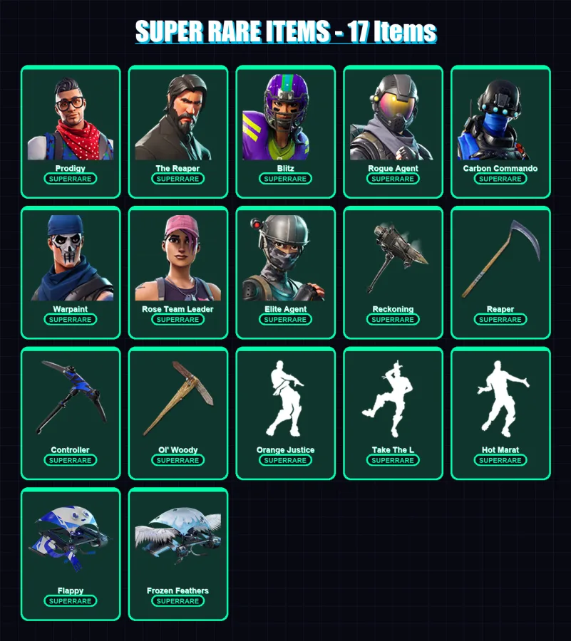 [PS4/PS5/XBOX/PC] | Prodigy | The Reaper | Blitz | Rogue Agent | Carbon Commando | 129 skin | 91 pickaxe | 88 emote | 86 glider | Lv1062
