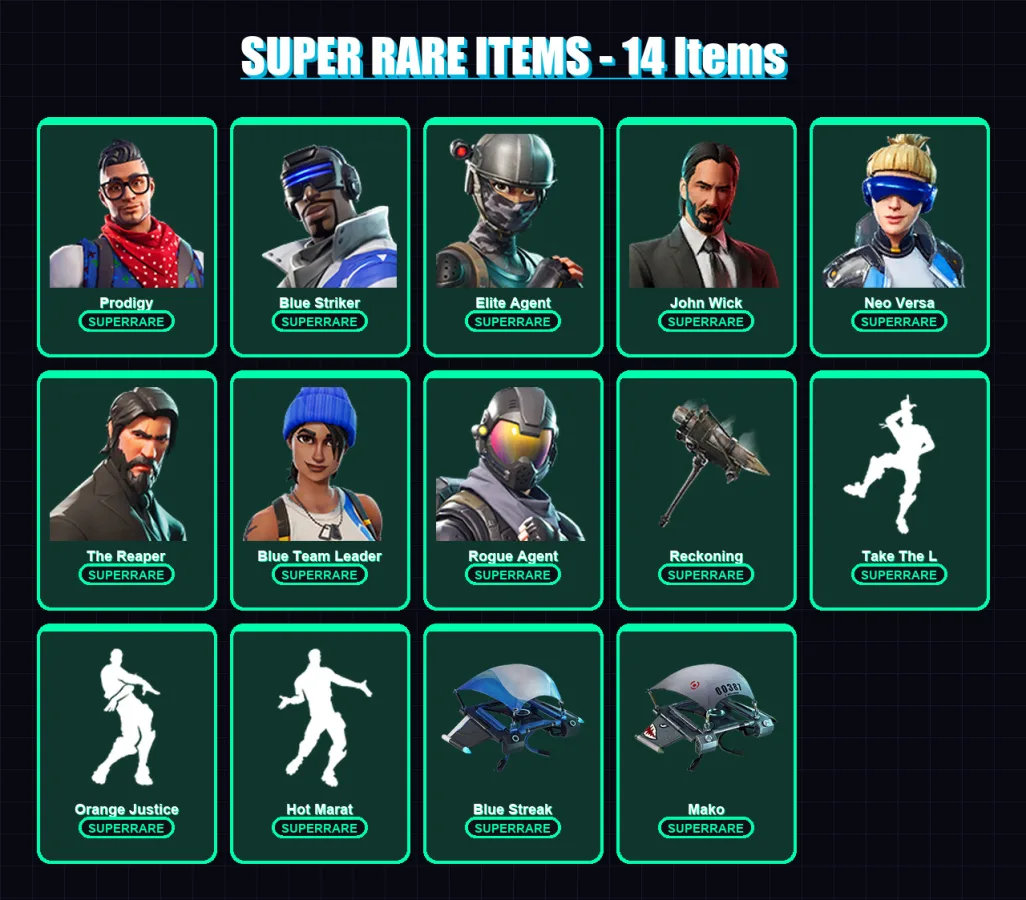 [PS4/PS5/XBOX/PC] | Prodigy | Blue Striker | Elite Agent | John Wick | Neo Versa | 139 skin | 138 pickaxe | 123 emote | 132 glider | Lv2306