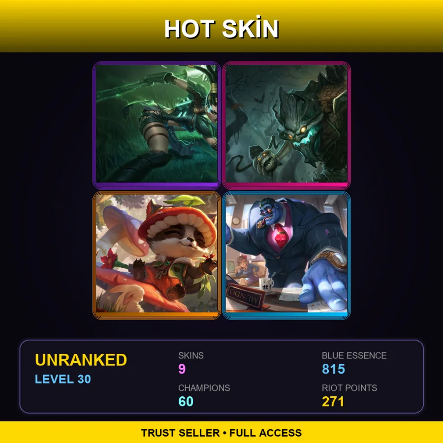 EUW | Lv30 | Unranked | 9 Skin | 60 Champ