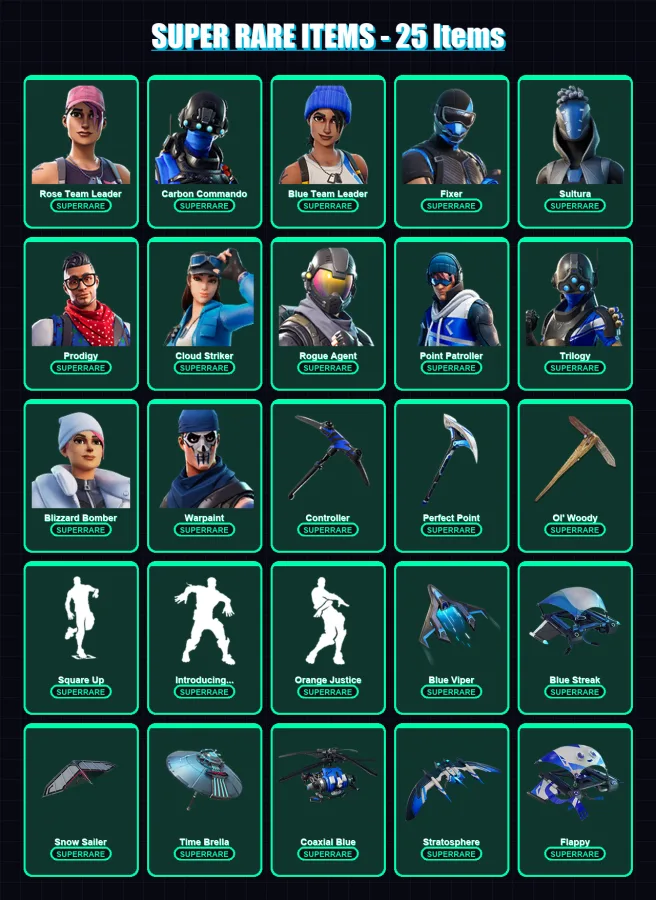 [PS4/PS5/XBOX/PC] | Rose Team Leader | Carbon Commando | Blue Team Leader | Fixer | Sultura | 144 skin | 163 pickaxe | 125 emote | 128 glider | Lv14