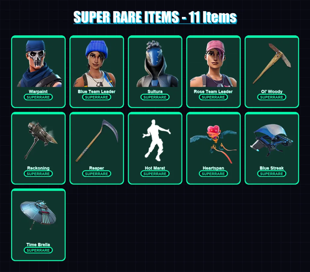[PC] | Warpaint | Blue Team Leader | Sultura | Rose Team Leader | Fade | 156 skin | 141 pickaxe | 146 emote | 125 glider | Lv1350 — Fortnite account