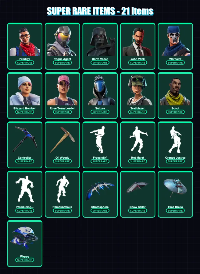 [PC/XBOX/PSN] | Prodigy | Rogue Agent | Darth Vader | John Wick | Warpaint | 426 skin | 380 pickaxe | 290 emote | 188 glider | Lv2282