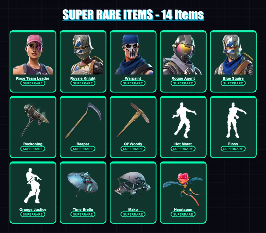 [PS4/PS5/PC] | Rose Team Leader | Royale Knight | Warpaint | Rogue Agent | Blue Squire | 184 skin | 190 pickaxe | 167 emote | 151 glider | Lv1757 — Fortnite account