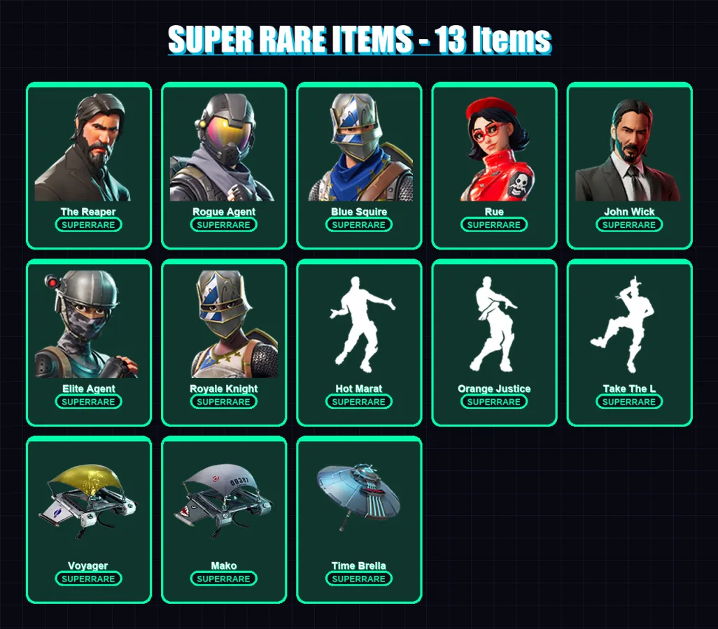 [PC] | The Reaper | Rogue Agent | Blue Squire | Rue | John Wick | 148 skin | 153 pickaxe | 135 emote | 129 glider | Lv2207