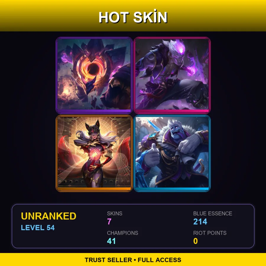 LAS | Dark Star Malphite | Eternal Dragon Brand | Arcana Ahri | Frozen Prince Mundo | 7 Skin | 41 Champ | Lv54