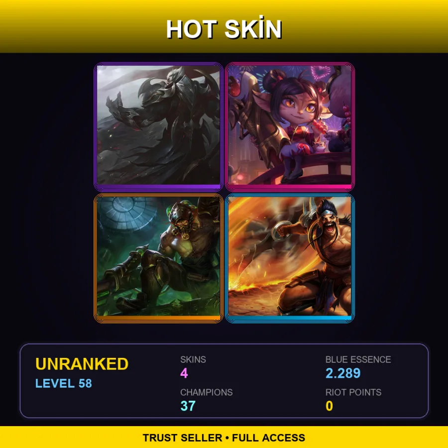 TR | God-King Darius | Firecracker Tristana | Chemtech Tryndamere | Gladiator Draven | 4 Skin | 37 Champ | Lv58