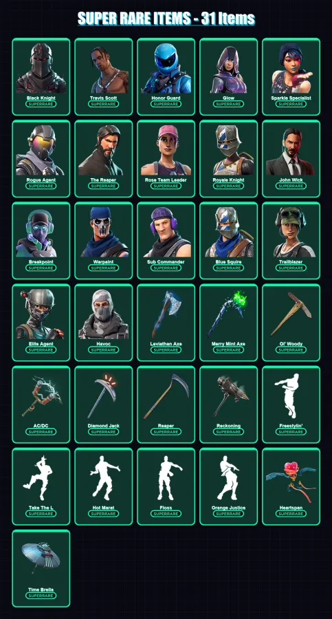 [PC/PSN] | Black Knight | Travis Scott | Honor Guard | Glow | Sparkle Specialist | 459 skin | 380 pickaxe | 248 emote | 233 glider | Lv2516