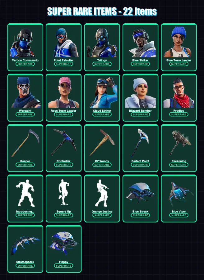 [PC/XBOX/PSN] | Carbon Commando | Point Patroller | Trilogy | Blue Striker | Blue Team Leader | 57 skin | 52 pickaxe | 75 emote | 58 glider | Lv869