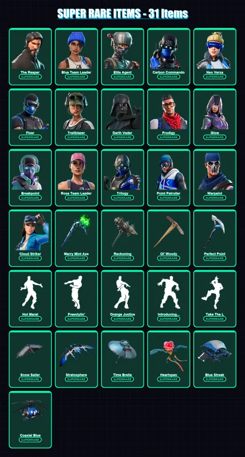 [PC/XBOX] | The Reaper | Blue Team Leader | Elite Agent | Carbon Commando | Neo Versa | 314 skin | 236 pickaxe | 251 emote | 195 glider | Lv2913
