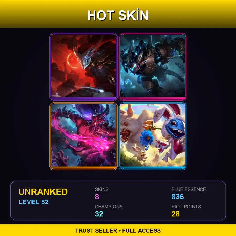 EUW | Blood Moon Yasuo | Mecha Rengar | Dark Crystal Ryze | Cottontail Fizz | 8 Skin | 32 Champ | Lv52
