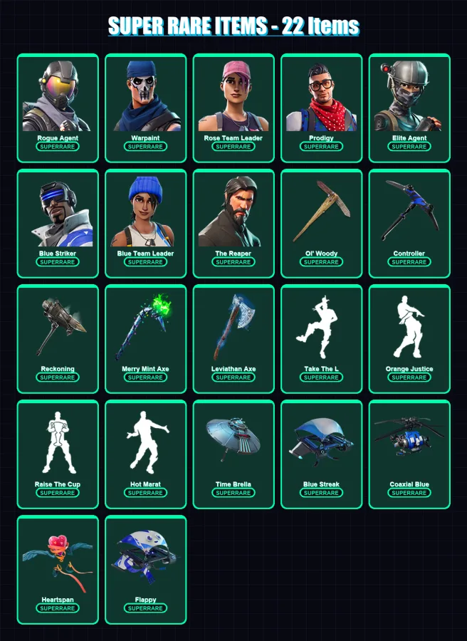 [PC/XBOX/PSN] | Rogue Agent | Warpaint | Rose Team Leader | Prodigy | Elite Agent | 117 skin | 112 pickaxe | 111 emote | 106 glider | Lv2226 — Fortnite account