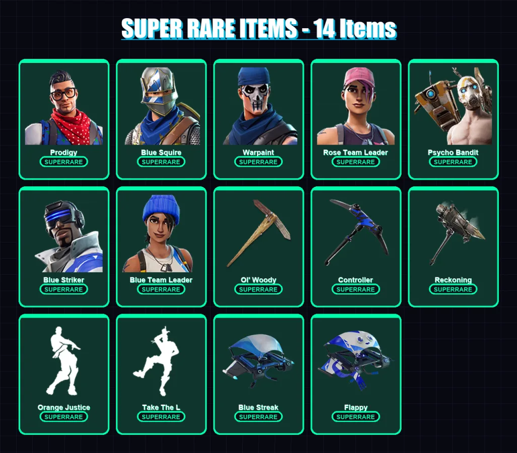 [PC/XBOX/PSN] | Prodigy | Blue Squire | Warpaint | Rose Team Leader | Psycho Bandit | 40 skin | 31 pickaxe | 41 emote | 35 glider | Lv424