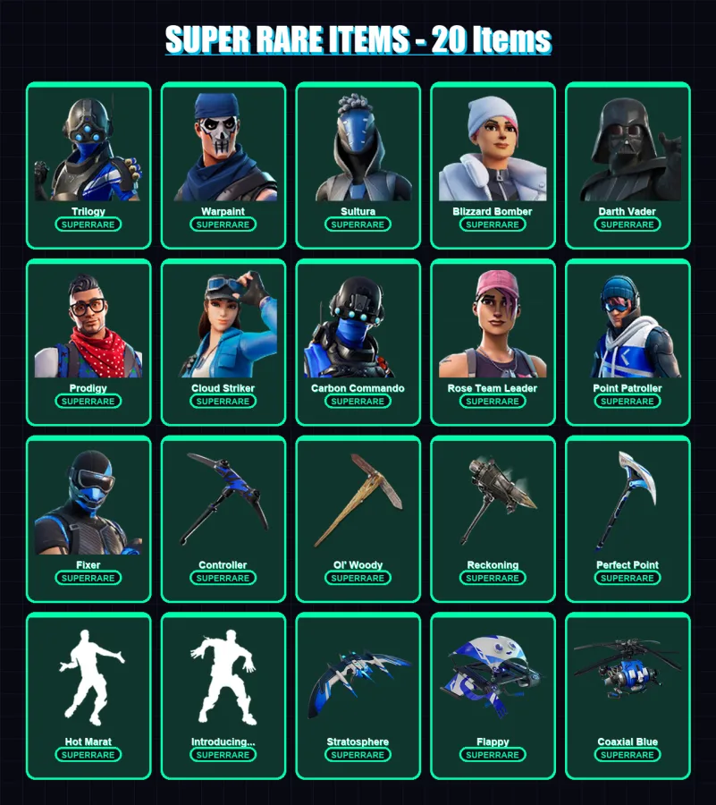[SWITCH/XBOX/PC] | Trilogy | Warpaint | Sultura | Blizzard Bomber | Darth Vader | 177 skin | 194 pickaxe | 170 emote | 178 glider | Lv2951