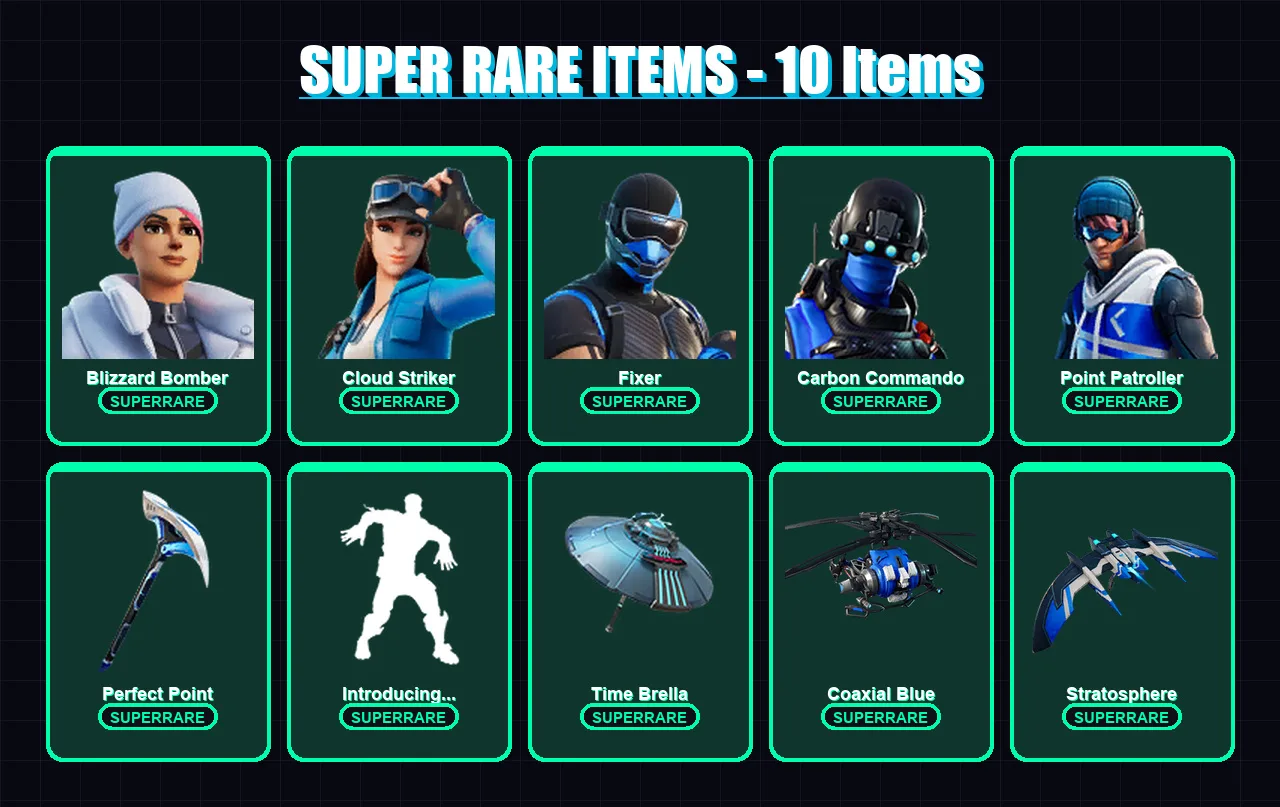 [PS4/PS5/XBOX/PC] | Blizzard Bomber | Cloud Striker | Fixer | Carbon Commando | Point Patroller | 56 skin | 86 pickaxe | 76 emote | 83 glider | Lv13