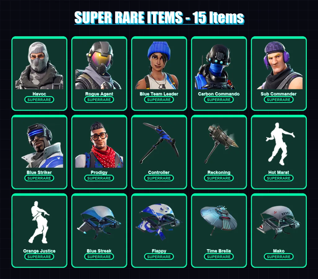 [PS4/PS5/XBOX/PC] | Havoc | Rogue Agent | Blue Team Leader | Carbon Commando | Sub Commander | 53 skin | 53 pickaxe | 58 emote | 63 glider | Lv908
