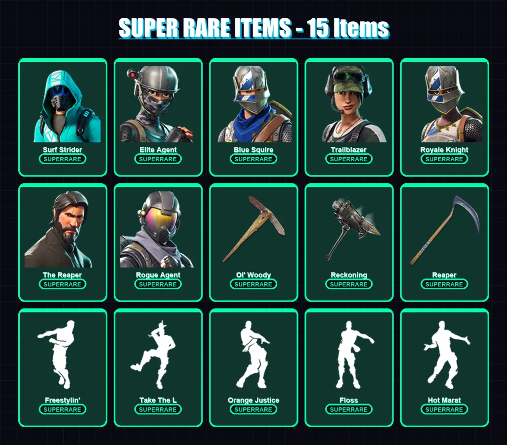 [PC/XBOX/PSN] | Surf Strider | Elite Agent | Blue Squire | Trailblazer | Royale Knight | 88 skin | 99 pickaxe | 92 emote | 89 glider | Lv1459