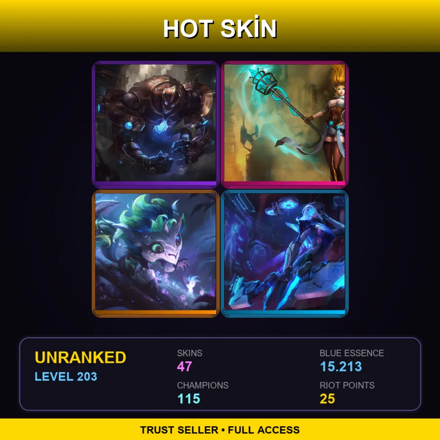 LAS | Lv203 | Unranked | 47 Skin | 115 Champ — LoL account
