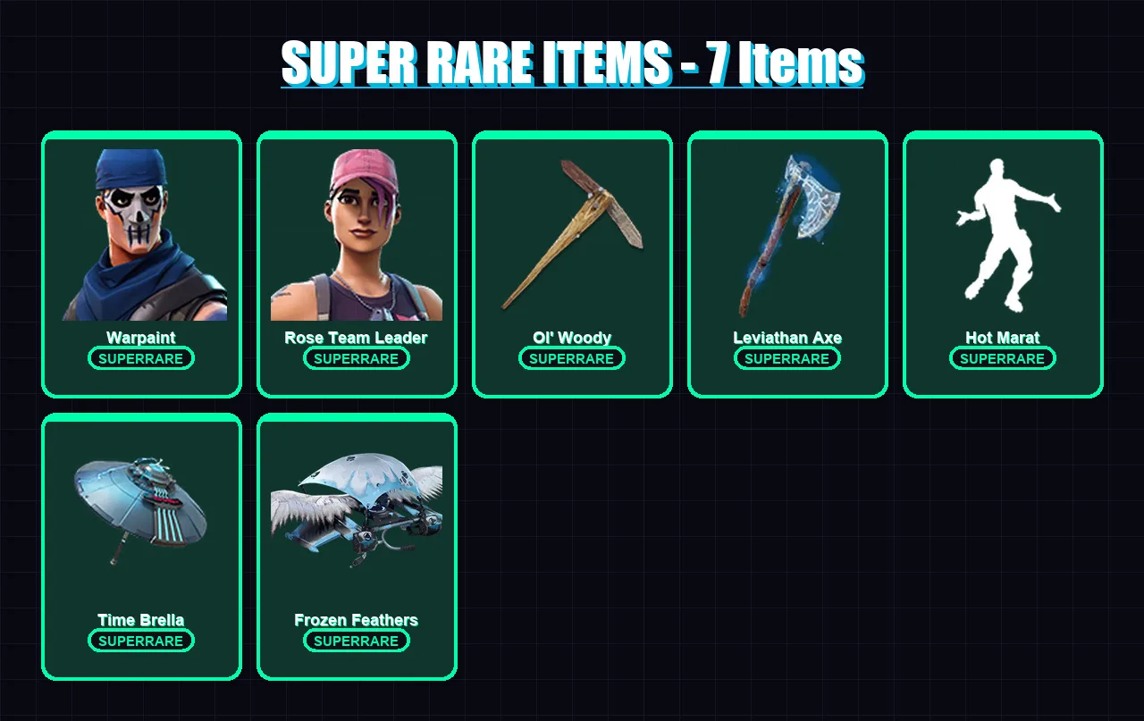 [PC] | Warpaint | Rose Team Leader | Ronin | Mandalorian | Paradigm (Reality-659) | 176 skin | 192 pickaxe | 136 emote | 146 glider | Lv2122