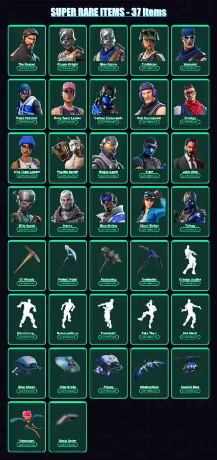 [PS4/PS5/XBOX/PC] | The Reaper | Royale Knight | Blue Squire | Trailblazer | Warpaint | 116 skin | 98 pickaxe | 122 emote | 93 glider | Lv967