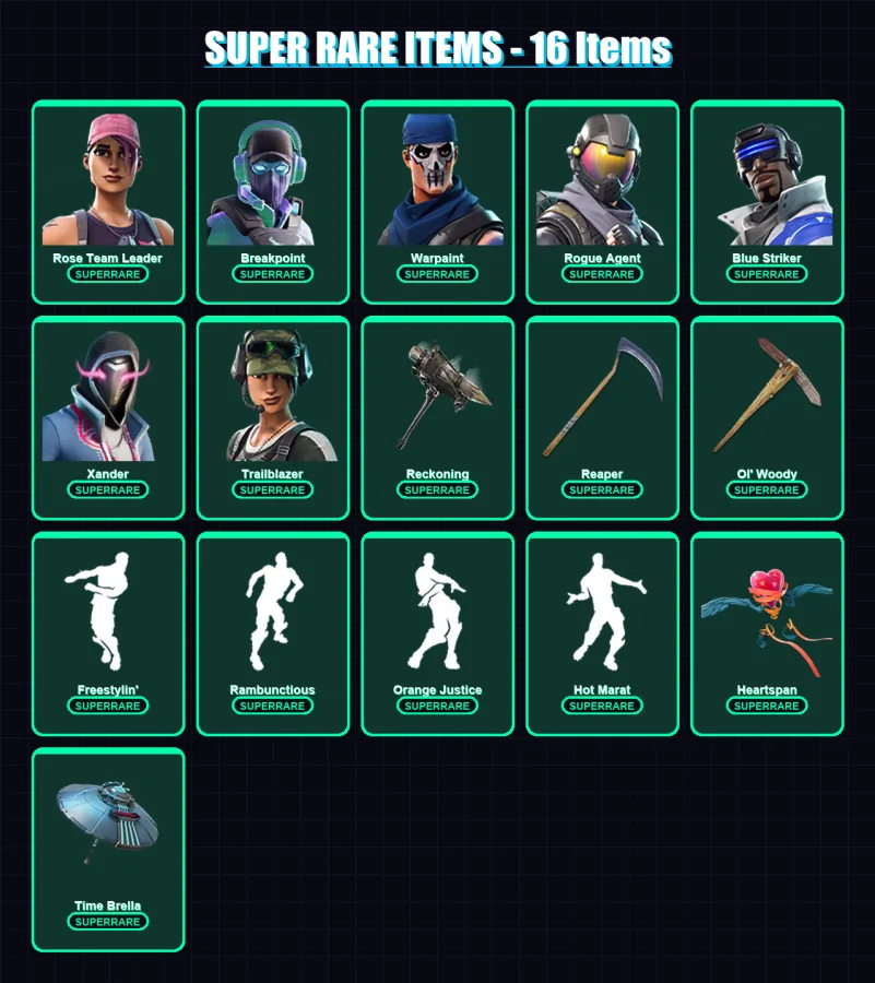 [PC/XBOX/PSN] | Rose Team Leader | Breakpoint | Warpaint | Rogue Agent | Blue Striker | 200 skin | 210 pickaxe | 212 emote | 196 glider | Lv3218