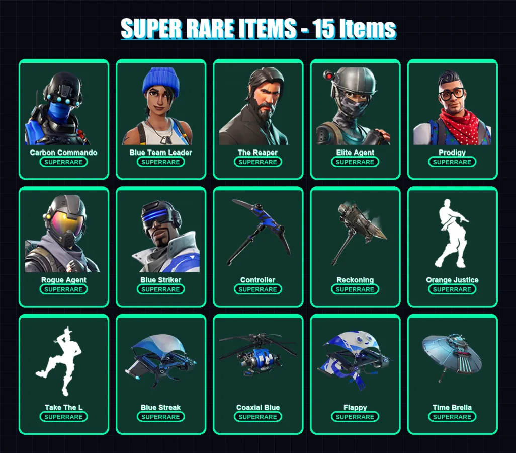 [PS4/PS5/XBOX/PC] | Carbon Commando | Blue Team Leader | The Reaper | Elite Agent | Prodigy | 58 skin | 48 pickaxe | 51 emote | 60 glider | Lv786