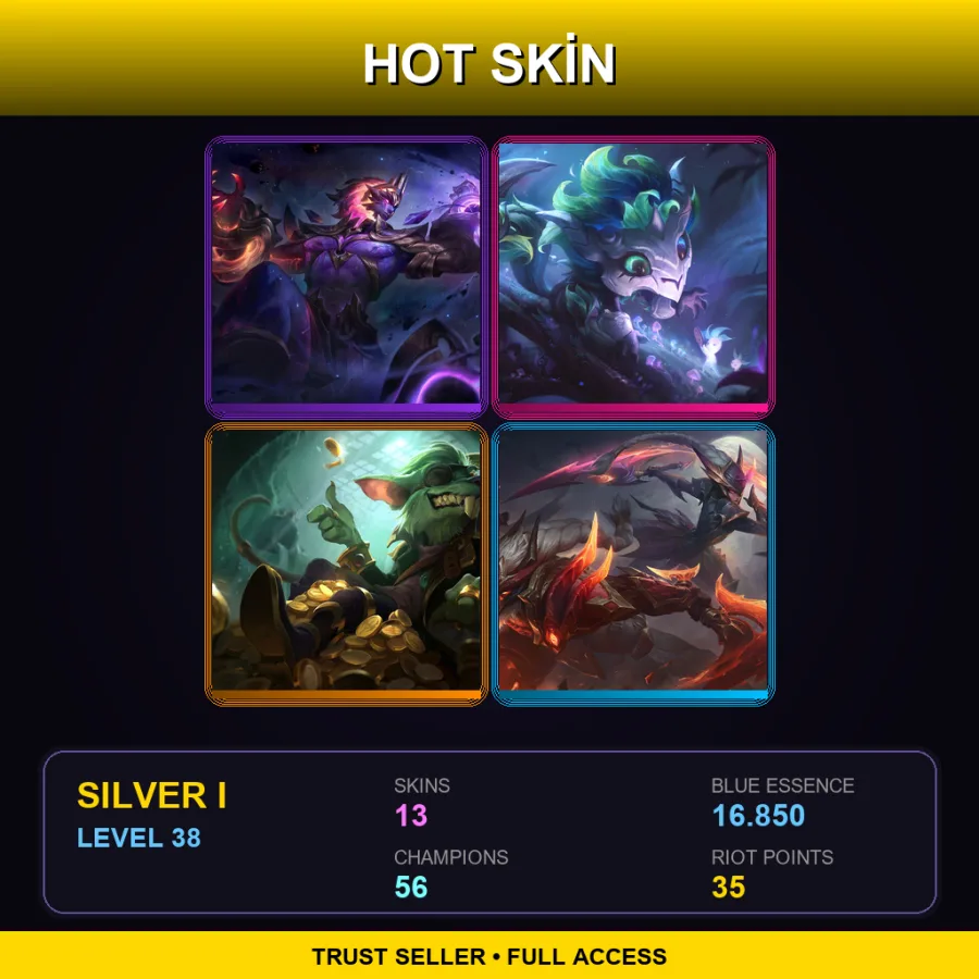 EUW | Dark Star Sylas | Elderwood Gnar | Kingpin Twitch | Dragonslayer Diana | 13 Skin | 56 Champ | Silver I | Lv38