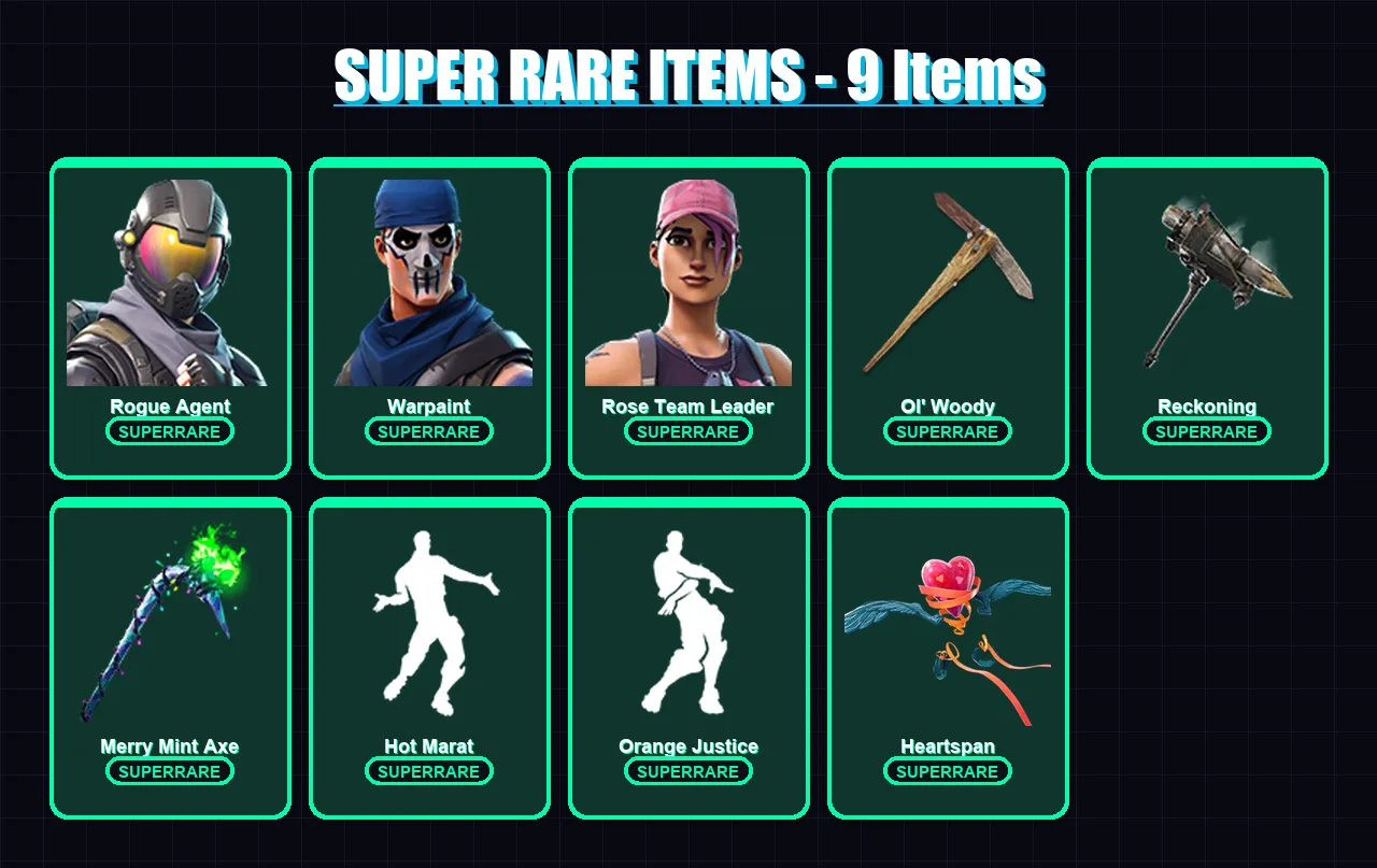 [PC/XBOX/PSN] | Rogue Agent | Warpaint | Rose Team Leader | A.I.M. | Blackheart | 64 skin | 48 pickaxe | 104 emote | 59 glider | Lv632