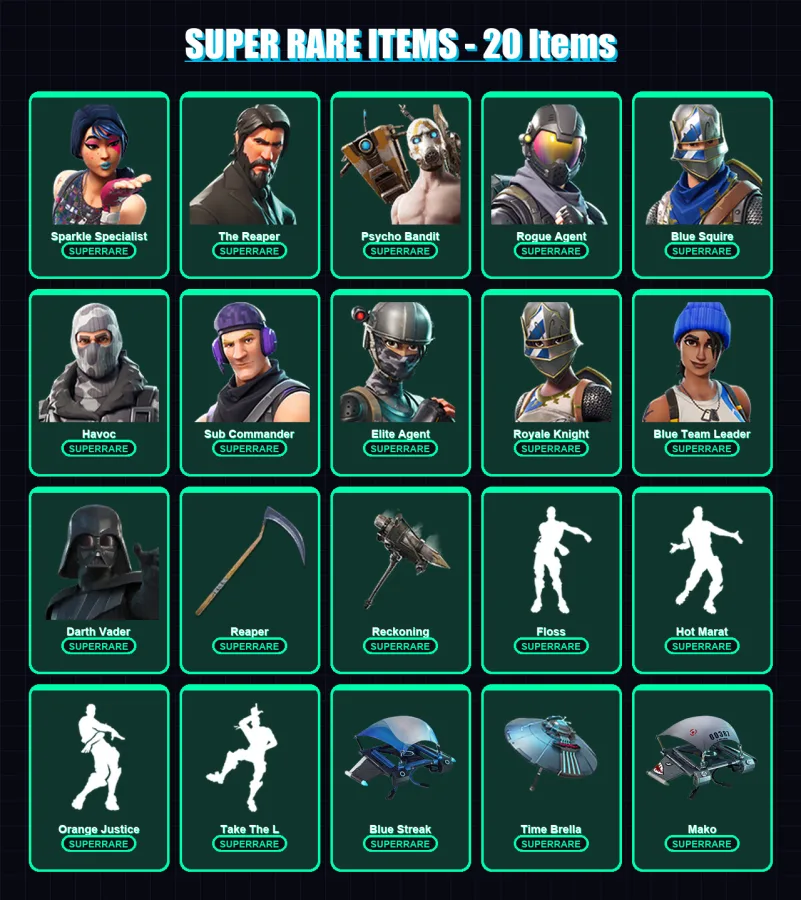 [PC] | Sparkle Specialist | The Reaper | Psycho Bandit | Rogue Agent | Blue Squire | 100 skin | 94 pickaxe | 82 emote | 101 glider | Lv1503