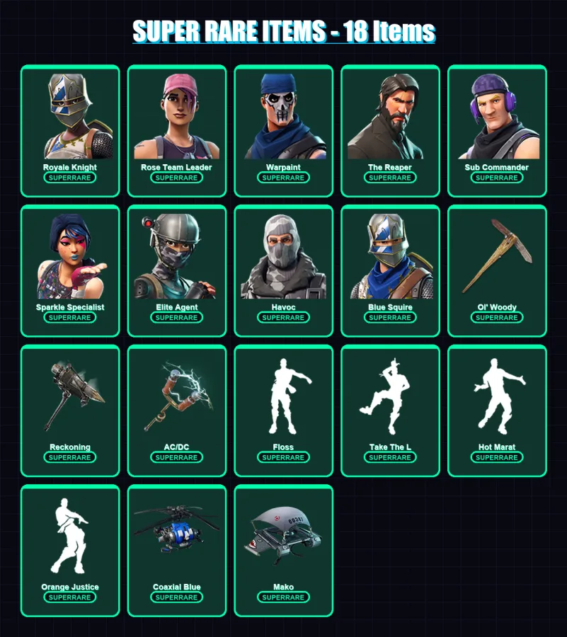[PS4/PS5/XBOX/PC] | Royale Knight | Rose Team Leader | Warpaint | The Reaper | Sub Commander | 55 skin | 52 pickaxe | 68 emote | 58 glider | Lv740