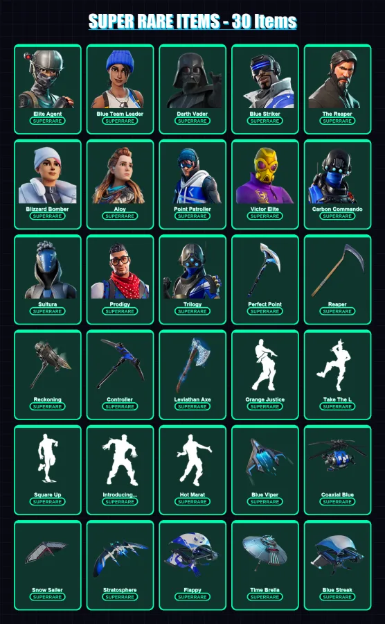 [PC] | Elite Agent | Blue Team Leader | Darth Vader | Blue Striker | The Reaper | 284 skin | 305 pickaxe | 255 emote | 255 glider | Lv5820