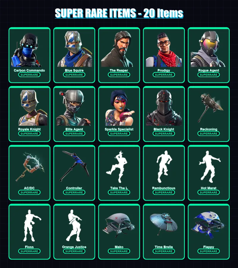 [PS4/PS5/XBOX/PC] | Carbon Commando | Blue Squire | The Reaper | Prodigy | Rogue Agent | 85 skin | 106 pickaxe | 93 emote | 116 glider | Lv1644