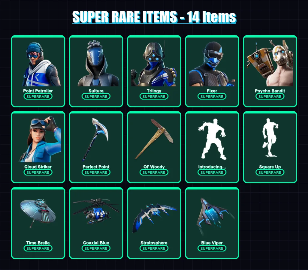 [PC] | Point Patroller | Sultura | Trilogy | Fixer | Psycho Bandit | 196 skin | 242 pickaxe | 195 emote | 159 glider | Lv2367