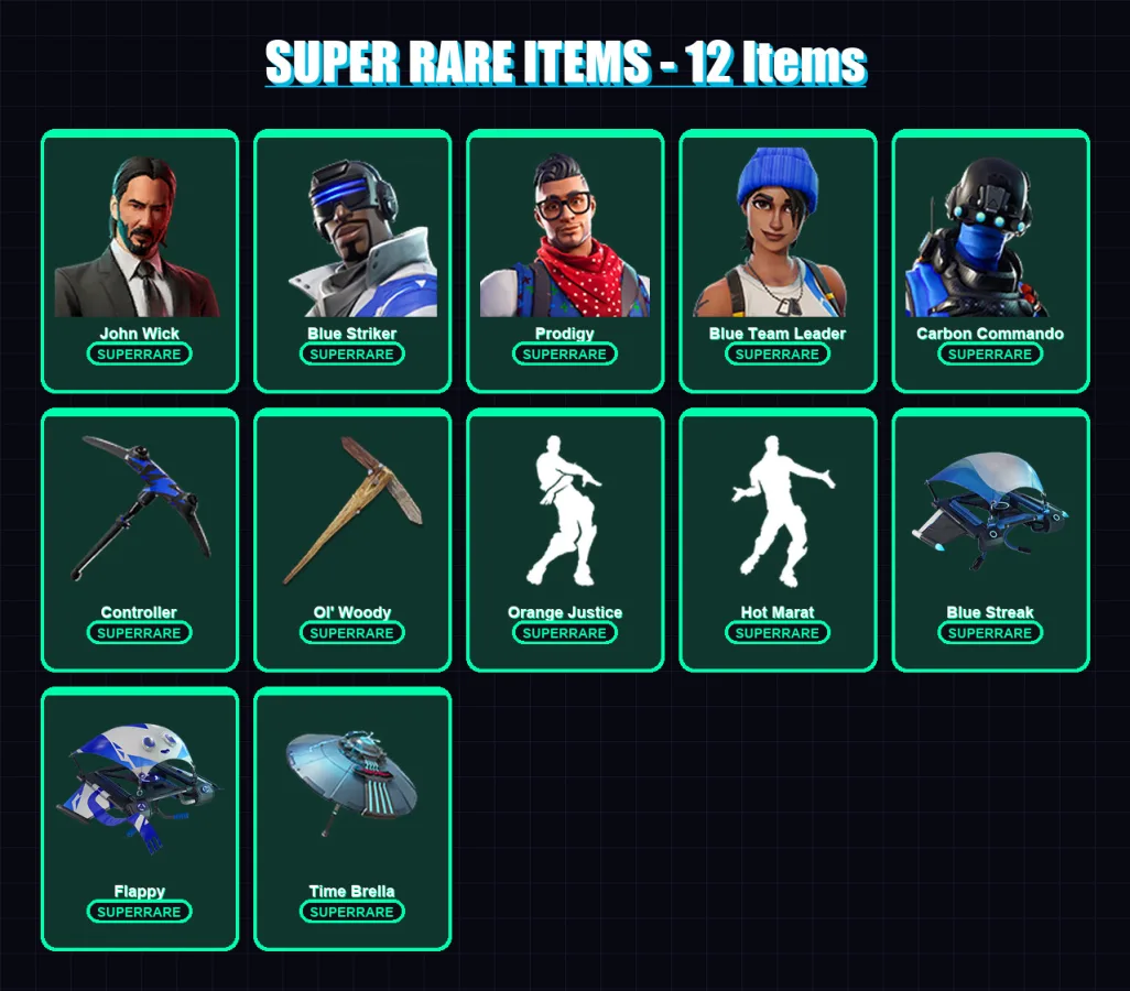 [PS4/PS5/PC] | John Wick | Blue Striker | Prodigy | Blue Team Leader | Carbon Commando | 79 skin | 92 pickaxe | 83 emote | 61 glider | Lv1020